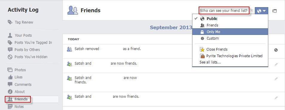hiding friends list in facebook